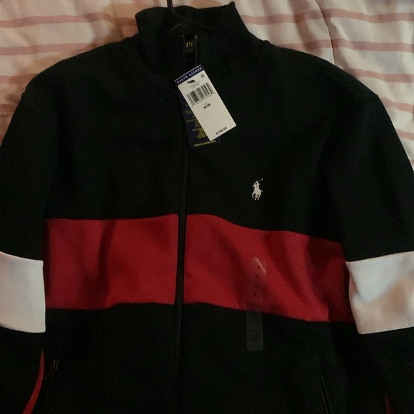 polo black red white jump suit medium